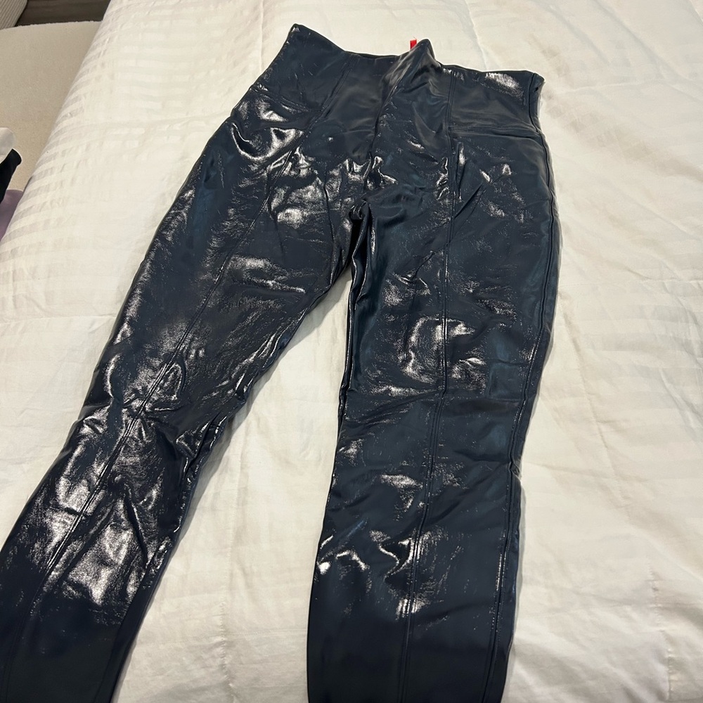 SPANX Shiny Navy Blue Faux-Leather Leggings